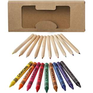 Set van 9 waskrijtjes en 10 kleurpotloden in kartonnen doos met kunststof venster. Decoratie is niet mogelijk op de losse onderdelen.