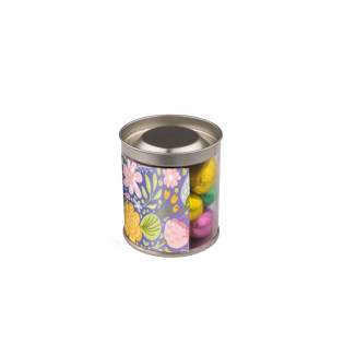 Transparent can with a full colour printed inlay, filled with approximately 110 grams of creamy Easter eggs in assorted colors
