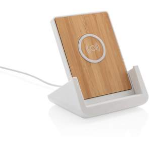 10W fast wireless charger made with RCS (Recycled Claim Standard) certified recycled ABS. Total recycled content: 47% based on total item weight. RCS certification ensures a completely certified supply chain of the recycled materials. Bamboo wireless charging area made from FSC 100 bamboo. With two USB ports on the back to charge via cable. The stand is designed to charge your phone both in the horizontal and vertical position. Making it perfect to watch videos or other content while charging. Wireless charging compatible with Android latest generations, iPhone 8 and up. Item and accessories PVC free. Including 120 cm type C charging cable made from RCS certified recycled TPE. Packed in FSC mix kraft box. Type-C Input 5V/2A; 9V/2A; Wireless output 5V/1A;9V/1.1A; (10W) Registered design®<br /><br />WirelessCharging: true<br />PVC free: true