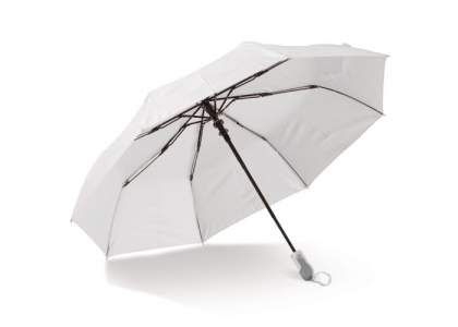 Beau parapluie pliable avec manche et poignée au design ergonomique. Les nervures du cadre sont en fibre de verre pour une durabilité accrue. Le cadre noir contraste agréablement avec le baldaquin blanc.