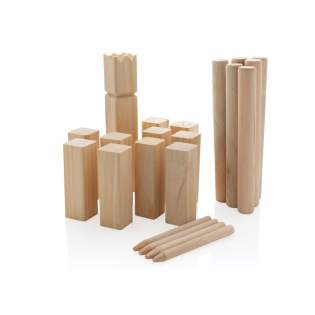 Kubb is originaly a Swedish throwing game but has rapidly become popular and well known around the world. A perfect way to spend a summer afternoon with friends. The objective is to knock down the other teams ‘Knights’ by throwing the circular throwing sticks underarm from a few metres away. Simply use the wood corner poles to mark out your playing field and the games can begin! The set includes 1 King, 6 throwing sticks, 10 knights and 4 corner poles. Made from pinewood (King and knights) and Eucalyptus wood (throwing sticks and corner poles). Presented in a cotton pouch with rule book.<br /><br />PVC free: true