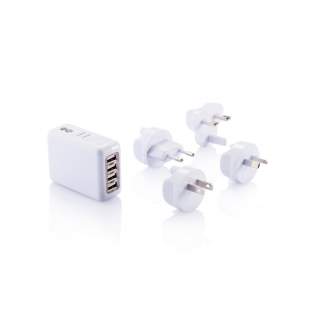 Portable 4 port USB travel plug to charge all your devices when on the road. The powerful 3.1A output gives you enough power to charge all your devices at the same time.  AC Max 240V/350mA, USB Max 5.25V/3.1mA DC. Comes with four different plugs. Packed in pouch.