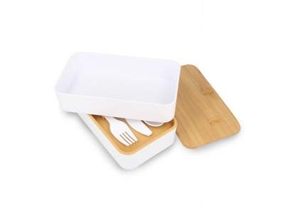 Eco-friendly lunch box crafted from recycled polypropylene (PP) and bamboo, featuring a convenient polyester elastic closure. A sustainable choice for your meals on the go.