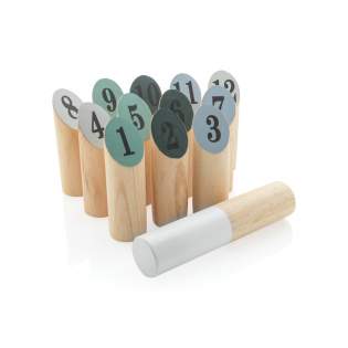 This addictive tactical game challenges players to throw underhand the wooden cylinder at the 12 wooden pins. The first player to reach exactly 50 points wins. It is not allowed to exceed 50.  It might look easy but it is highly challenging!  After each throw the pins are placed back upright. The set includes: 12 x numbered pins and 1 wooden throwing cylinder all made from strong Pine wood. Presented in a cotton pouch with rule book.