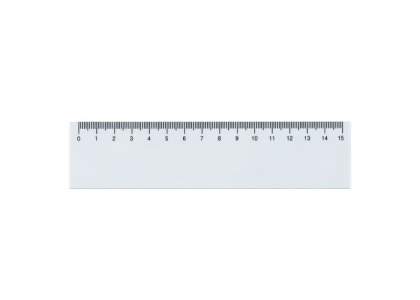 White synthetic 15cm ruler. Large print area.