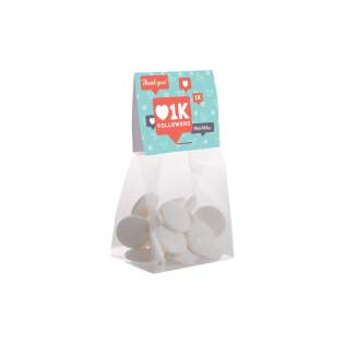 Transparant blokzakje met full colour bedrukt kopkaartje, gevuld met 50 gram imperiales Transparant blokzakje met full colour bedrukt kopkaartje, gevuld met 50 gram imperiales