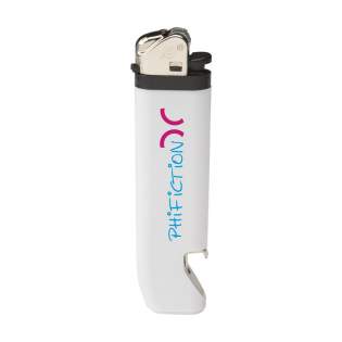 Quality lighter of the brand Flameclub® with a handy bottle opener and adjustable flame. Equipped with child lock. NEN-certified: EN13869. TÜV-certified and ISO-certified: ISO9994. Lighter are only supplied with print.