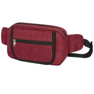 Large waist bag designed with heathered colour effect. Features main zippered compartment and a velcro closed front compartment to hold cards, pens, or other small items. The bag has an adjustable waist strap with quick-release buckle. There may be minor variations in the colour of the actual product due to the nature of the fabric dyes, weaves, and printing.
