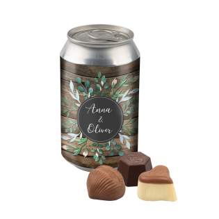 Soft-drink tin filled with individually wrapped chocolate bonbons, with full colour sticker halfway round