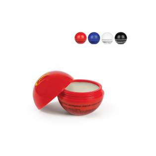Baume à lèvres dans une boule de différentes couleurs opaque. L'ouverture se fait en dévissant les deux parties de la boule. Le dessous de la boule est plat ce qui la rend stable lorsqu’on la pose sur une table.