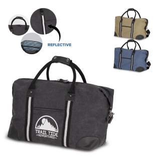 Stylish weekend bag made from recycled cotton canvas. Features 100% recycled reflective webbing, luxurious zips and pulls, and 100% recycled polyester lining. Includes an adjustable removable shoulder strap, 1 front pocket, and 2 interior pockets, o... Stylish weekend bag made from recycled cotton canvas. Features 100% recycled reflective webbing, luxurious zips and pulls, and 100% recycled polyester lining. Includes an adjustable removable shoulder strap, 1 front pocket, and 2 interior pockets, o...