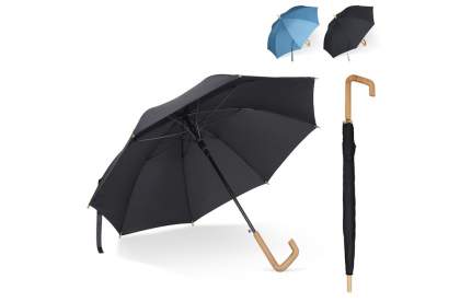 Parapluie bâton en R-PET avec une poignée en crochet en bois au design emblématique. Grâce au cadre en fibre de verre, le parapluie est résistant aux tempêtes. Les embouts sont en bambou et la tige est en métal pour un meilleur recyclage et le matériau chiné donne au parapluie un aspect luxueux (le noir est de couleur unie).