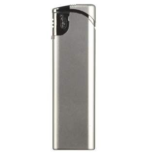 An electronic refillable silver lighter. Child-resistant. An electronic refillable silver lighter. Child-resistant.