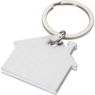 Sleutelhanger in de vorm van een huis, met een roestvrijstalen plaatje met een mat design aan de voor- en achterkant en een gekleurde plastic chip in het midden. Sleutelhanger in de vorm van een huis, met een roestvrijstalen plaatje met een mat design aan de voor- en achterkant en een gekleurde plastic chip in het midden.