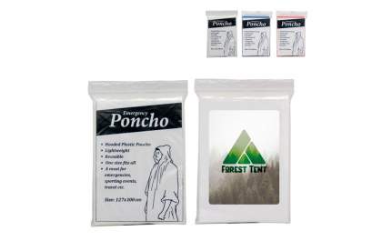 Light plastic rain poncho with hood, one size fits all. The package can be personalized with a sticker.