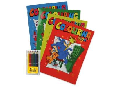 A4 colouring book (310x215mm), eight pages, with six short colour pencils (LT91575) in a transparent polybag. Printing on a sticker on the pencil case.