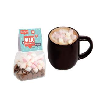 Small transparent bag with full color header card, filled with approx. 55 grams of chocolate drops and approx. 15 grams of mini marshmallows Small transparent bag with full color header card, filled with approx. 55 grams of chocolate drops and approx. 15 grams of mini marshmallows