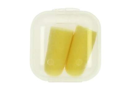 Twee zachte oordopjes handzaam verpakt in een transparant doosje. Bedrukking middels tampondruk op het doosje.
