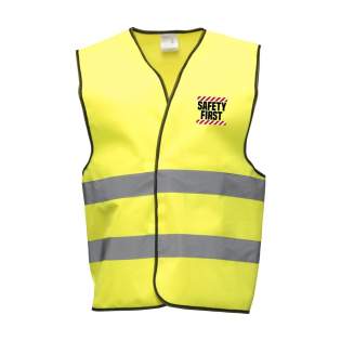 Fluorescent safety vest made from 100% tricot polyester. One size fits all, with adjustable velcro fastener. (EN-20471 Class 2). Each piece in a pouch. Fluorescent safety vest made from 100% tricot polyester. One size fits all, with adjustable velcro fastener. (EN-20471 Class 2). Each piece in a pouch.