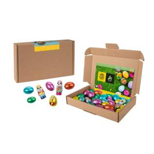 Brown shipping box filled with 250 grams of cheerful chocolate Easter mix