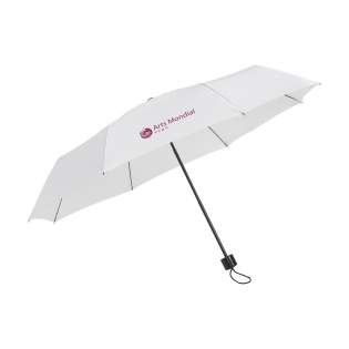 Compacte, opvouwbare paraplu met 190T polyester bespanning. Metalen frame en steel, kunststof hangreep met lus, klittenbandsluiting en opberghoes. Manuele bediening.