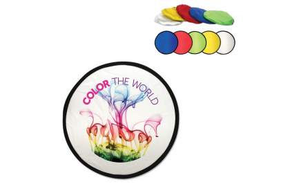 Nylon foldable frisbee in pouch. Printing on the frisbee and on the pouch (transfer imprint). Size pouch: 100x85mm. For orders from 5.000 pieces, full-colour printing is possible.