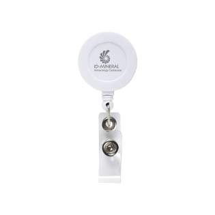 Badge/pass holder with metal belt clip, retractable nylon cord and press stud fastener.