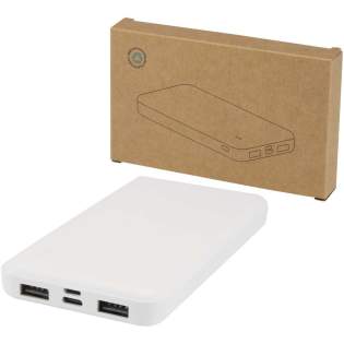 Stay charged with the Intan 10.000 mAh power bank, made from recycled plastic. It features two USB-A output ports, a Type-C input/output port, and a micro-USB input for flexible charging options. The sleek design includes an LED indicator to display charging status, making it a reliable power source throughout the day.