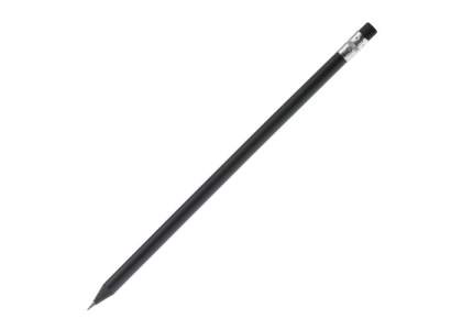 Black round pencil with eraser, sharpened. FSC wood.