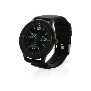 Moderner Activity-Tracker mit schnell reagierendem 1,28" Full-Touchscreen und hochauflösendem Display. Hergestellt aus RCS (Recycled Claim Standard)-zertifiziert Armband aus recyceltem TPU und einem Gehäuse aus einer Zinklegierung. Gesamter Recyclinganteil: 23% basierend auf dem Gesamtgewicht des Artikels. Die RCS-Zertifizierung gewährleistet eine vollständig zertifizierte Lieferkette der recycelten Materialien. Zu den Funktionen gehören: Schrittzahl, Kalorien, Distanz, Multi-Sport (24 Typen) Tracking, Wecker, Herzfrequenz-Tracking, Blutdrucküberwachung, Schlafmonitor, Kalender. Benachrichtigungen: SMS, Facebook, Skype, WhatsApp, Twitter usw. Kompatibel mit Android 4.4 und IOS 8.0 und höher. IPX 68 wasser- und staubdicht. Mit BT5.0. Standby-Zeit von bis 25 Tagen und Working-Time bis zu 7 Tagen. Inklusive Clip-Ladegerät zum Aufladen der Uhr. Verpackt in FSC®-Mix-Kraftverpackung. Artikel und Zubehör 100% PVC-frei.<br /><br />HasBluetooth: True<br />PVC free: true Moderner Activity-Tracker mit schnell reagierendem 1,28" Full-Touchscreen und hochauflösendem Display. Hergestellt aus RCS (Recycled Claim Standard)-zertifiziert Armband aus recyceltem TPU und einem Gehäuse aus einer Zinklegierung. Gesamter Recyclinganteil: 23% basierend auf dem Gesamtgewicht des Artikels. Die RCS-Zertifizierung gewährleistet eine vollständig zertifizierte Lieferkette der recycelten Materialien. Zu den Funktionen gehören: Schrittzahl, Kalorien, Distanz, Multi-Sport (24 Typen) Tracking, Wecker, Herzfrequenz-Tracking, Blutdrucküberwachung, Schlafmonitor, Kalender. Benachrichtigungen: SMS, Facebook, Skype, WhatsApp, Twitter usw. Kompatibel mit Android 4.4 und IOS 8.0 und höher. IPX 68 wasser- und staubdicht. Mit BT5.0. Standby-Zeit von bis 25 Tagen und Working-Time bis zu 7 Tagen. Inklusive Clip-Ladegerät zum Aufladen der Uhr. Verpackt in FSC®-Mix-Kraftverpackung. Artikel und Zubehör 100% PVC-frei.<br /><br />HasBluetooth: True<br />PVC free: true