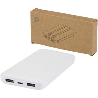 The Adhil 10.000 mAh Power Bank made from recycled plastic combines style and convenience in a compact design. It features two built-in cables, a Type-C and a Lightning/microUSB combo, alongside two USB-A outputs and a Type-C in/out port for versatile charging. An LED indicator shows the charging status, making it a reliable on-the-go power solution.