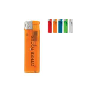 An electronic refillable translucent lighter. Child-resistant.