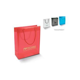 Medium Plastic PP carrier bag with rope handles. Translucent colours. Ideal packaging for perfume and related articles. Maximum one colour print per side. Multicolour print and custom dimensions of this bag are possible with orders from 10.000 pieces.
