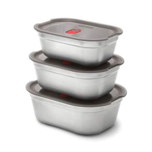 This set of three microwavable stainless steel meal prep boxes is designed for everyday use—lightweight, durable, and airtight. Whether for breakfast, lunch, or snacks, they’re ideal for food storage, on-the-go lunches, or oven-to-table meals. Each container features an innovative microwave-safe steel construction, with a vacuum-sealed, leak-proof lid that keeps food fresher for longer. The semi-transparent lid lets you see what’s inside at a glance, while the high-quality stainless steel base is dishwasher-, freezer-, and oven-safe (lid not oven-safe). The removable seals make cleaning effortless. The unique lid-lock vent allows you to microwave your food without removing the lid, reducing heat-up time and preventing splatter. Designed to nest for compact storage or stack when using the same size, these BPA-free containers offer smart functionality for every meal.
