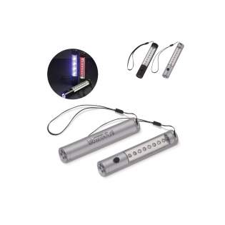 Aluminum LED torch with light in the front and on top. Flash and static light possible. Magnets on the back. Wristband and batteries included. Comes packaged in a gift box.
