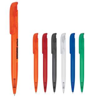 Toppoint Design-Kugelschreiber, hergestellt in Deutschland. Dieser Stift hat eine blau schreibende Jumbo-Mine für 4,5 km Schreibvergnügen. Hergestellt mit transparenten Teilen.