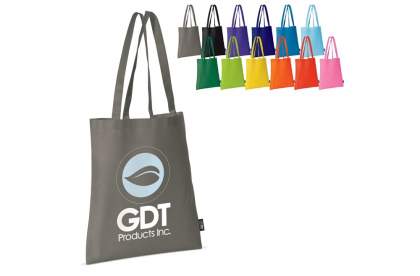 Coloured non-woven carrier bag with long handles. Large print area.