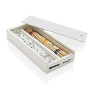 Créez des moments fun avec ce coffret contenant Mikado et Domino. Le jeu Mikado contient 41 bâtonnets et le jeu Domino 28 blocs dans une boîte en bois blanche. Fabriqué en bois certifié FSC®. Livré dans un emballage cadeau kraft certifié FSC®.