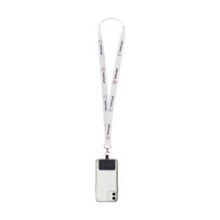 Lanyard made from strong woven RPET polyester (made from recycled PET bottles). Supplied with a metal carabiner and a universal patch.  The patch makes it possible to attach your smartphone to your lanyard. With this combination, you can carry your smartphone safely around your neck. This ensures that you have your phone quickly at hand and you can keep your hands and clothing pockets free. This patch is compatible with most smartphone and case combinations, but not with cases with an open bottom. The system is designed so that your phone's charging port is not blocked, even when attached to the lanyard.  Including full-colour sublimation print on the lanyard. Made in Europe.