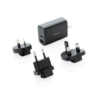Philips ultra fast 30W PD travel charger. With convenient travel pouch.Comes with 4 plugs; integrated US plug and changeable AU, UK and EU plugs. Input: 100-240V, 50-60Hz 0.7A Output USB A 5V/2.4A Type-C 5V/3A, 9V/2A, 12V/1.5A. Packed in Philips giftbox.