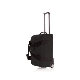 300D high density extra strong fabric. With extendable trolley system, silver coloured wheels and adjustable shoulder strap. One front pocket and one zipper closure main compartment.