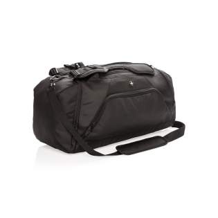 Lightweight 1680D and 600D polyester 2-in-1 bag. Works as both a backpack & duffle. Includes a roomy main compartment with a U-shaped top zipper closure, a side entry shoe or dirty clothes compartment and a side zippered pocket. The back with a bottle holder pocket and quick access pocket. Front zippered pocket with 2 RFID protected sleeves. Adjustable shoulder straps for carrying comfort and versatility. PVC Free.<br /><br />PVC free: true