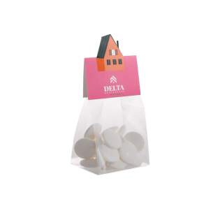 Transparent block bag with full color printed header card in your own shape, filled with 50 gram Licorice sticks mix
