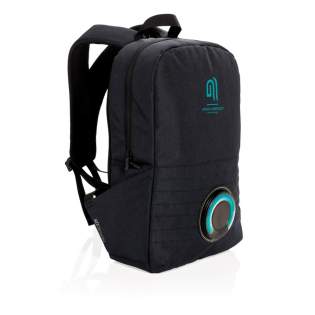 Trendy 15” laptop backpack with removable waterproof IPX5 wireless speaker with colour changing LED. Connect your powerbank easily to the integrated USB charging port and charge your phone or tablet on the go. Simply twist and take out the speaker to place it on your desk. 5 hour playtime. Registered design®