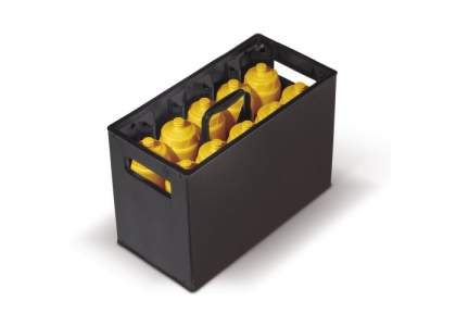 Plastic sports bottle crate for ten bottles, with two integrated handles and one handle in the middle. These crates are stackable and made of really good quality plastic. Printing not possible on this item. Bottles not included.