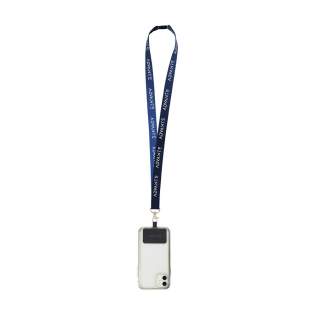 Strong woven RPET polyester lanyard (made from recycled PET bottles). Supplied with a metal carabiner, a universal patch and a plastic safety lock.  The patch makes it possible to attach your smartphone to your lanyard. With this combination, you can carry your smartphone safely around your neck. This ensures that you have your phone quickly at hand and you can keep your hands and clothing pockets free. This patch is compatible with most smartphone and case combinations, but not with cases with an open bottom. The system is designed so that your phone's charging port is not blocked, even when attached to the lanyard.  Including full-colour sublimation print on the lanyard. Made in Europe.