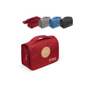 Convenient toiletry bag with various pockets and a hook for hanging.