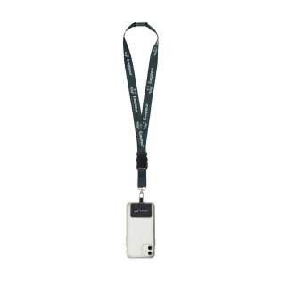 Lanyard of strong woven RPET polyester (made from recycled PET bottles). Supplied with a metal carabiner, a universal patch and a plastic safety lock. The lower part can be disconnected by means of a plastic buckle.  The patch makes it possible to attach your smartphone to your lanyard. With this combination, you can carry your smartphone safely around your neck. This ensures that you have your phone quickly at hand and you can keep your hands and clothing pockets free. This patch is compatible with most smartphone and case combinations, but not with cases with an open bottom. The system is designed so that your phone's charging port is not blocked, even when attached to the lanyard.  Including full-colour sublimation print on the lanyard. Made in Europe.