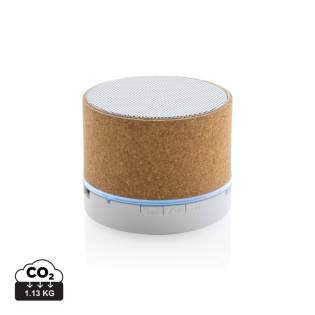 3W wireless speaker made with FSC® 100% cork casing. The speaker is equipped with a 400 mAh battery to ensure up to 3 hours of playing time and BT5.1 for smooth connection and clear sound. The speaker has an integrated light when switched on. Connection range up to 10 metres. With mic and pick up function to answer calls. Packed in FSC mix FSC® box. Including RCS certified recycled TPE charging cable. Item and accessories 100% PVC free.