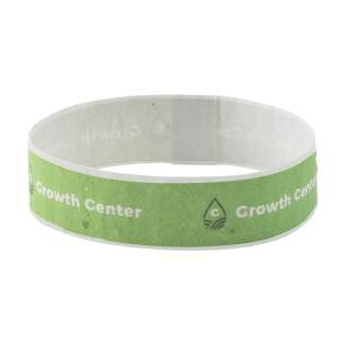 WoW! A festival band made from 100% recycled and recyclable seed paper which can be planted to grow flowers after use. With an adhesive strip closure. Including full colour imprint on one side. The perfect solution for controlling access to events and festivals. Promotional and functional. A mix of flower seeds is glued between two layers of recycled waste paper (40 g/m²). When the event is over you can plant the biodegradable strap and watch the seeds grow into flowers.  The field flower mix consists of: Feverfew (daisy) – Veilweed – Snapdragon – Crooked Flower – Silver Shield – Mexican – Petunia – Salvia – Summer Azalea – Ice Flower. An environmentally friendly gift that also contributes to maintaining a healthy bee population.